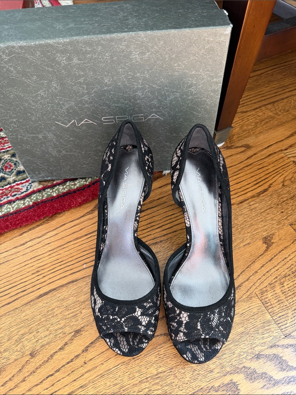 Via Spiga “Malibu2” Black Lace Peep Toe Heels with Velvet Trim, Sz 9M